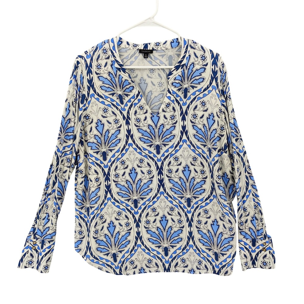 Talbots Women Coastal Preppy Damask V-Neck‎ Blouse XL Blue White Medallion Top